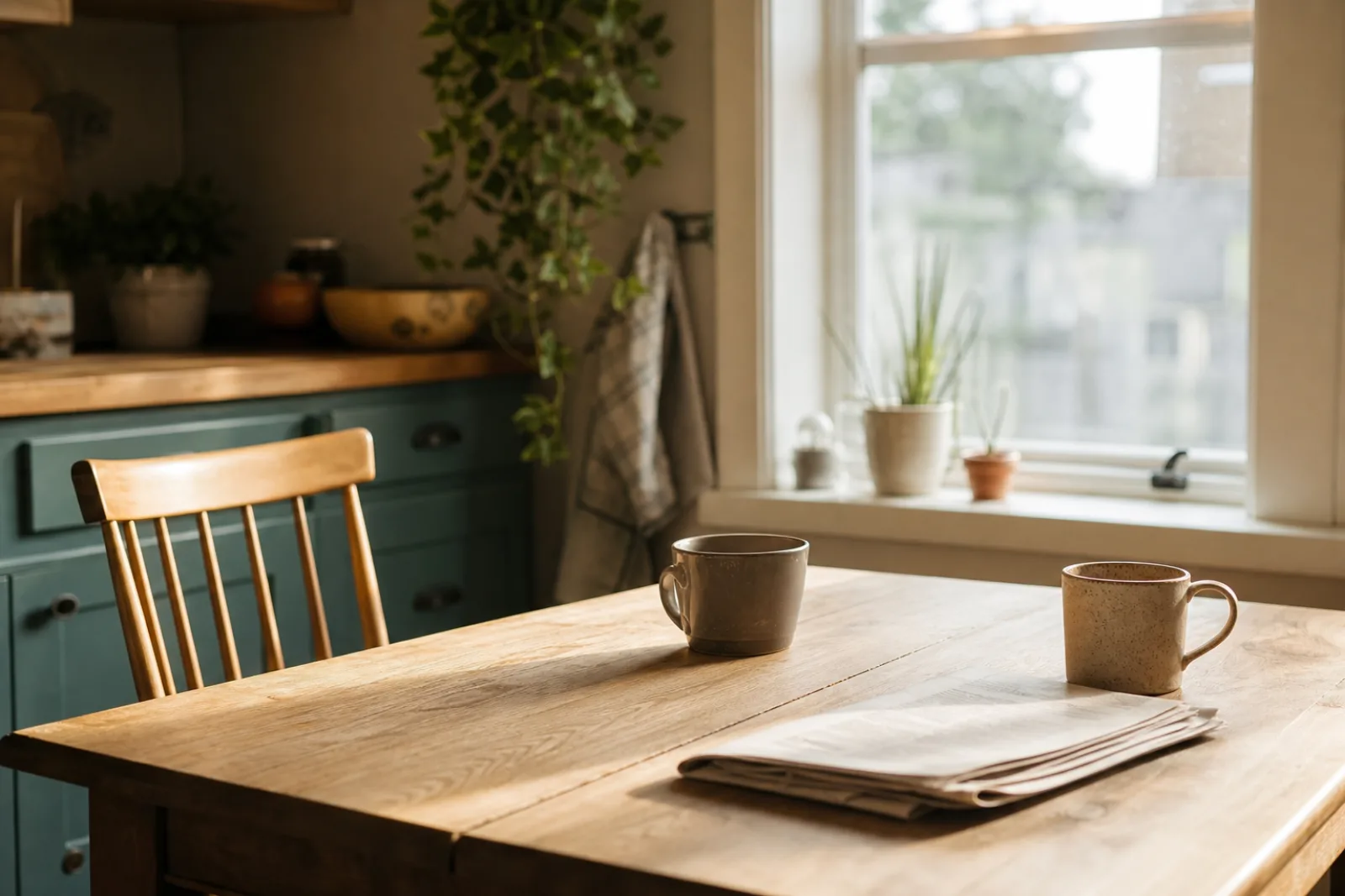 A kitchen table with two mugs and afternoon light